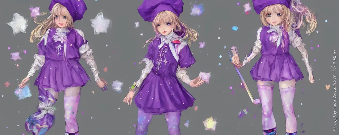 Image similar to A character sheet of a very cute magical girl with short blond hair wearing an oversized purple Beret, Purple overall shorts, Short Puffy pants made of silk, pointy jester shoes, a big scarf, and white leggings. Rainbow accessories all over. Flowing fabric. Covered in stars. Short Hair. By Seb McKinnon. By WLOP. By Artgerm. By william-adolphe bouguereau. Fashion Photography. Decora Fashion. harajuku street fashion. Kawaii Design. Intricate. Highly Detailed. Digital Art. Fantasy. Photo real. realistic. Soft Lighting. 4K. UHD. Denoise.