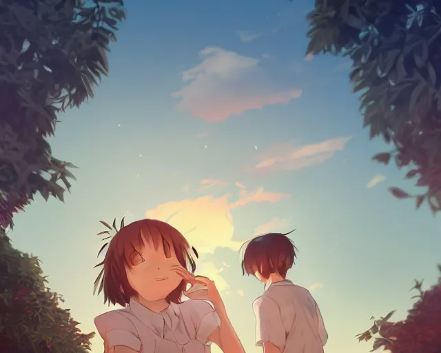 Image similar to teen looking at the sunset, wearing white collared shirt, back turned, looking up, illustration, by pine ( ハイネ ) and 薯 子 imoko and 香 川 悠 作 and wlop and maya takamura, highly detailed, trending artstation, pixiv, digital art