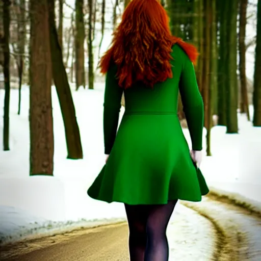 Image similar to redhead women in a green dress, with pockets, photorealistic, winter scenario