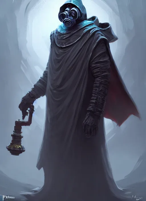 Prompt: concept art illustration of the old necromancer, wearing a wizard cloak, gas mask, by peter morchbacher, un the style of angelarium, hyper detailed, intricate, complex, 8 k, crisp,