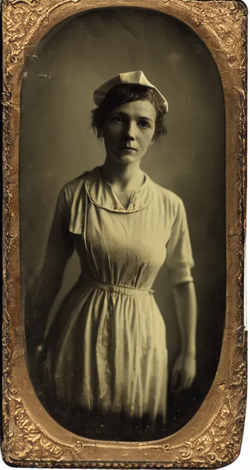 Prompt: a wet plate photograph, a portrait of a beautiful young female nurse