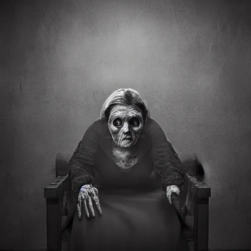 Image similar to a highly detailed photographic render of a creepy old woman in a dark room, haunted living room, horror, bloody, ghost, creepy, cinematic lighting, cinematic scene, Volumetric lighting, Atmospheric scene, Dark, Horror, Atmospheric lighting, Global illumination cinematic render, film, beautifully lit, ray traced, octane 3D render, octane render, unreal engine