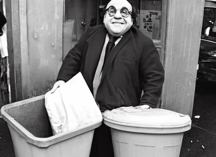 Image similar to Danny DeVito coming out of a trashcan