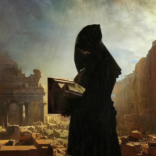 Prompt: half portait of magican wearing a closed cowl with big old book!, jeremy mann, jean leon gerome, tiepolo, alphonse mucha, greg rutkowski, face in the shadows, ( ( ruins of ancient rome ) ), at dusk, mysterious atmosphere, sunrays, dof, masterpiece, high detailed, 8 k