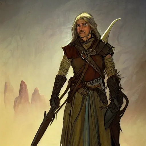 Image similar to Kethlan the elven desert bandit. Epic portrait by james gurney and Alfonso mucha (lotr, witcher 3, dnd).