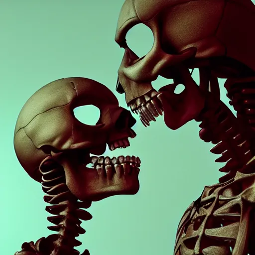 Image similar to A profile of two skeletons facing each other by Beeple, Trending on Artstation, Octane Render