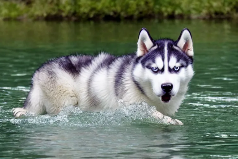 Prompt: husky swimming in the water