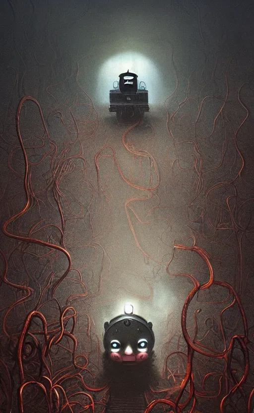 Image similar to thomas the tank engine in style of zdzisław beksinski, extremely dramatic lighting, 8 k, tendrils, black, darkness, black slime tendrils, infected, rust, body horror, thomas the train, thomas the tank engine face, horror,