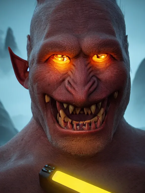 Image similar to portrait art of an orc using a (((((banana as a phone))))), 8k ultra realistic , lens flare, atmosphere, glow, detailed, intricate, full of colour, cinematic lighting, trending on artstation, 4k, hyperrealistic, focused, extreme details, unreal engine 5, cinematic, masterpiece