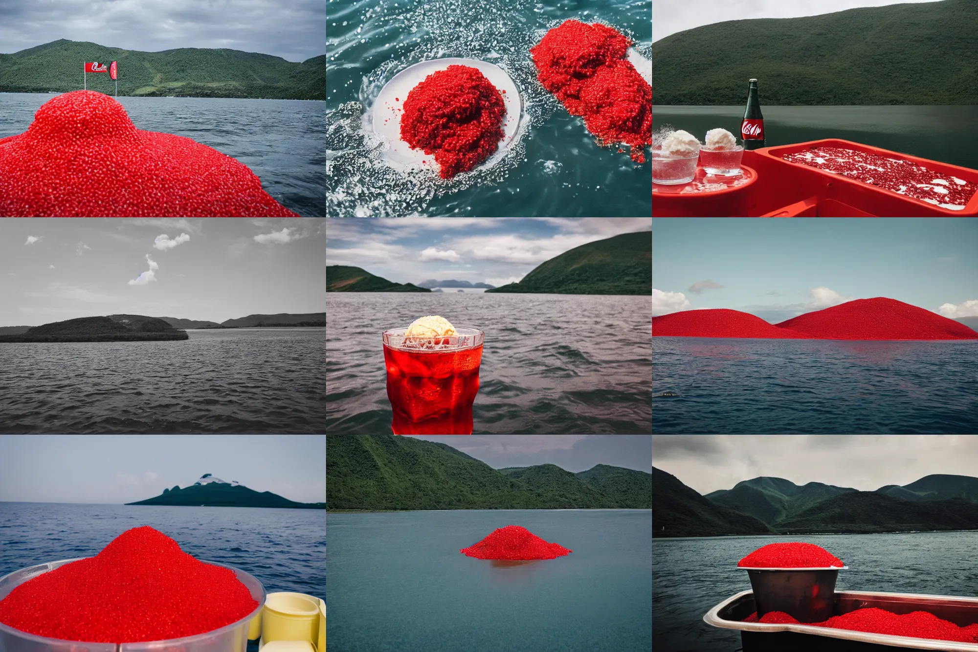 Prompt: an island made of food, water from coca - cola around the island, red caviar instead of sand, hills with ice cream instead of mountains, photo taken from a boat, 3 5 mm, cinematic