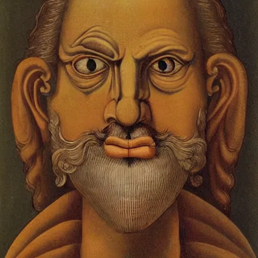 Prompt: portrait of ancient silly greek man with big eyes and sharp nose. fine detail. artistic painting by lurid