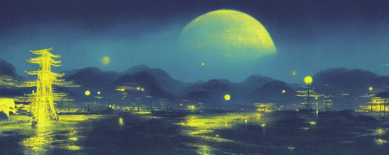 Image similar to awe inspiring bruce pennington landscape, digital art painting of 1 9 6 0 s, japan at night, 4 k, matte, blue and yellow, old