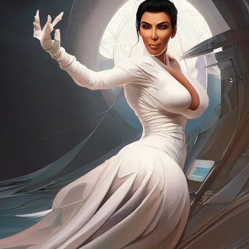 Image similar to Kim Kardashian in futuristic Japanese maid outfit, expressive pose, intricate, elegant, highly detailed, digital painting, artstation, concept art, smooth, sharp focus, illustration, art by artgerm and greg rutkowski and alphonse mucha