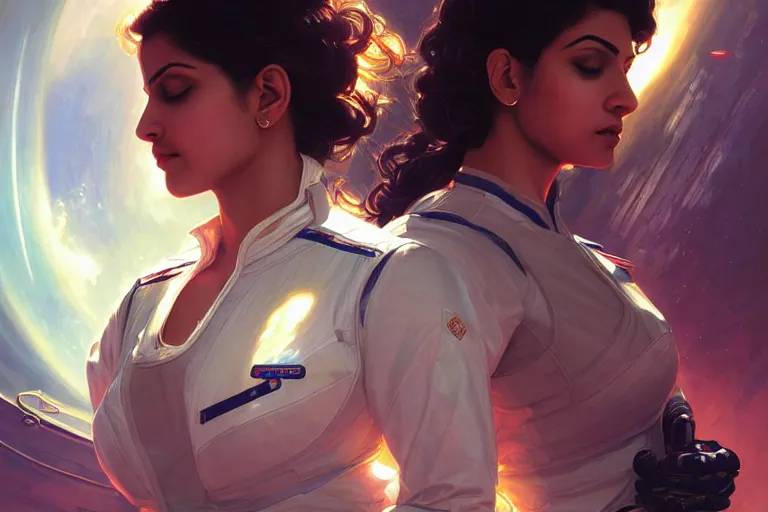 Image similar to Sensual beautiful female Aryan young Indian doctors wearing Deus Ex Human Revolution clothing in a space station above Earth, portrait, elegant, intricate, digital painting, artstation, concept art, smooth, sharp focus, illustration, art by artgerm and greg rutkowski and alphonse mucha