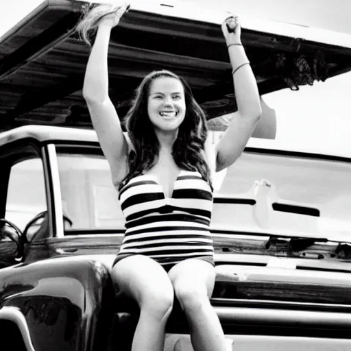 Image similar to photo of woman in the back of a pickup truck wearing bikinis drinking beer waving the american flag. sigmund freud is also in the back.