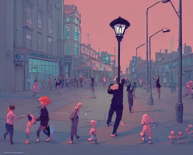 Prompt: a study of cell shaded cartoon of music band playing music street lamps, road, illustration, wide shot, subtle colors, post grunge, concept art by josan gonzales and wlop, by james jean, Victo ngai, David Rubín, Mike Mignola, Laurie Greasley, highly detailed, sharp focus, Trending on Artstation, HQ, deviantart, art by artgem