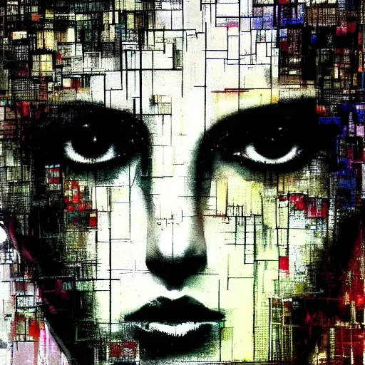 Prompt: portrait of a beautiful woman, crying, glitch effects over the eyes, shadows, by Guy Denning, by Johannes Itten, by Russ Mills, centered, glitch art, hacking effects, chromatic, cyberpunk, color blocking, oil on canvas, concept art, abstract