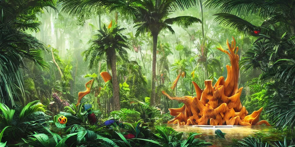 Image similar to of a tropical rainforest lake with strange cute friendly happy creatures with huge eyes, mouth, long tongue, round teeth and goofy face, appearing from the trees, in the style of gehry and gaudi, macro lens, shallow depth of field, ultra detailed, digital painting, trending artstation, concept art, illustration, cinematic lighting, photorealism, epic, octane render