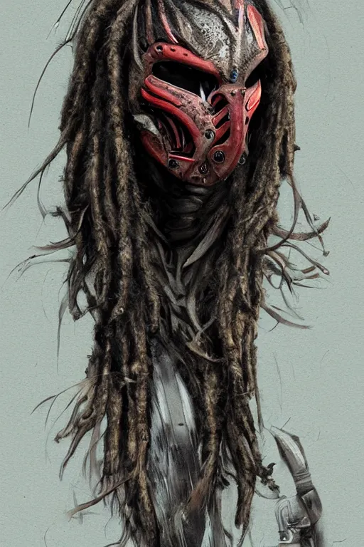 Image similar to predator 1 9 8 7 mask redesign, portrait, highly detailed, dreadlocks, mandables, digital painting, trending on artstation, concept art, illustration