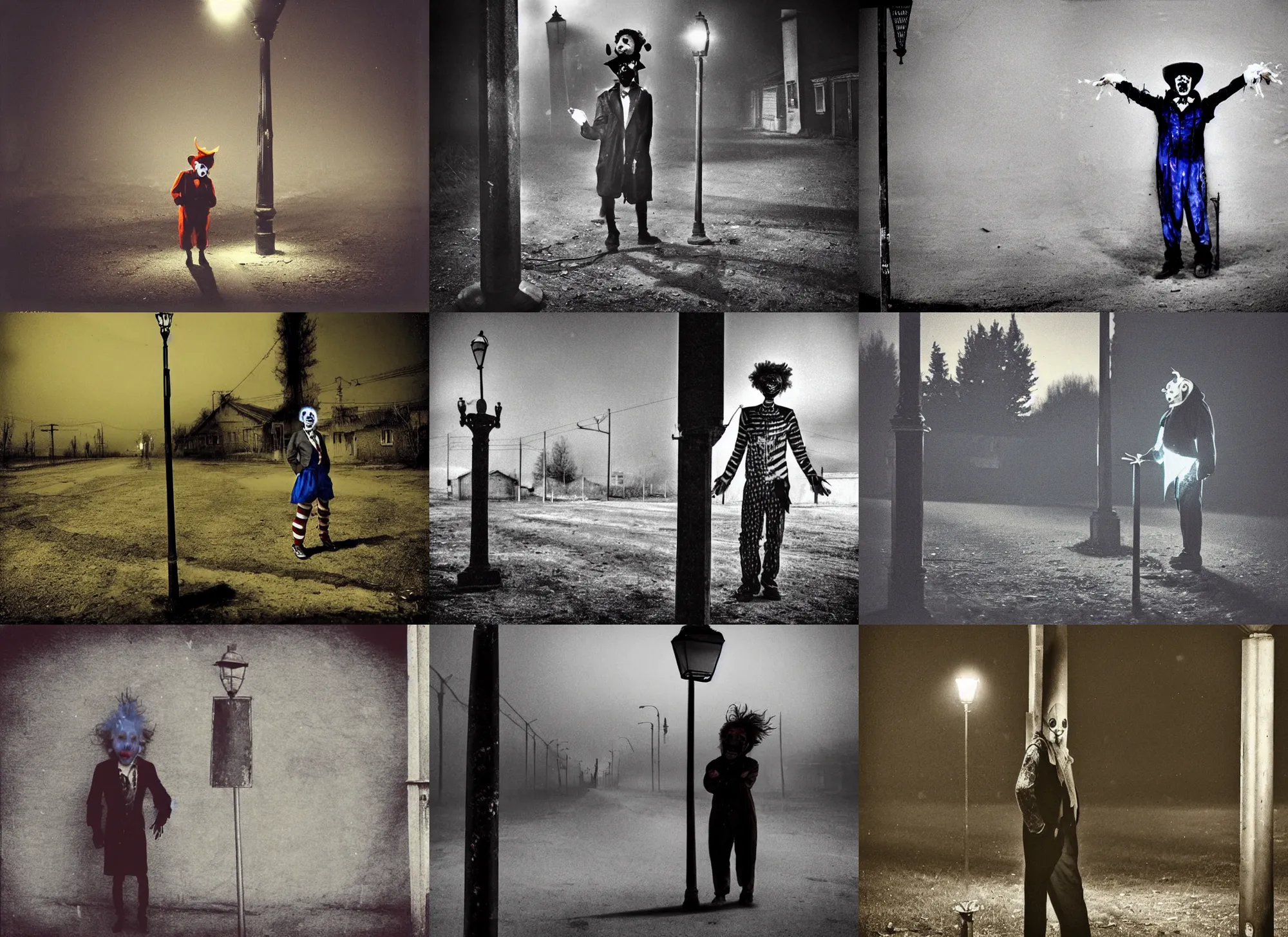 Image similar to a thin scary clown in torn clothes stands under a lamppost that shines a blue light on the clown, pitch darkness around the post, everything happens at night in an old soviet village, the photo was taken from afar, the clown is far from the camera, hidden shooting, distorted photo, dark atmosphere, horror, scary, Wildlife photography, Polaroid, bad quality, distorted, Night, dark