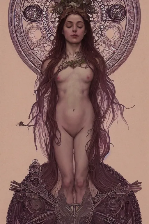 Prompt: a full body portrait of a beautiful ethereal delicate botanist mage queen meditative sacral pose catholic stages of the cross, intricate, elegant, highly detailed, digital painting, artstation, concept art, smooth, sharp focus, illustration, art by krenz cushart and artem demura and alphonse mucha