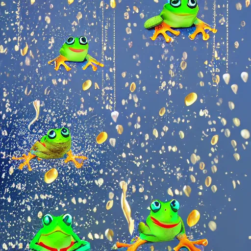 Prompt: frogs raining from the sky