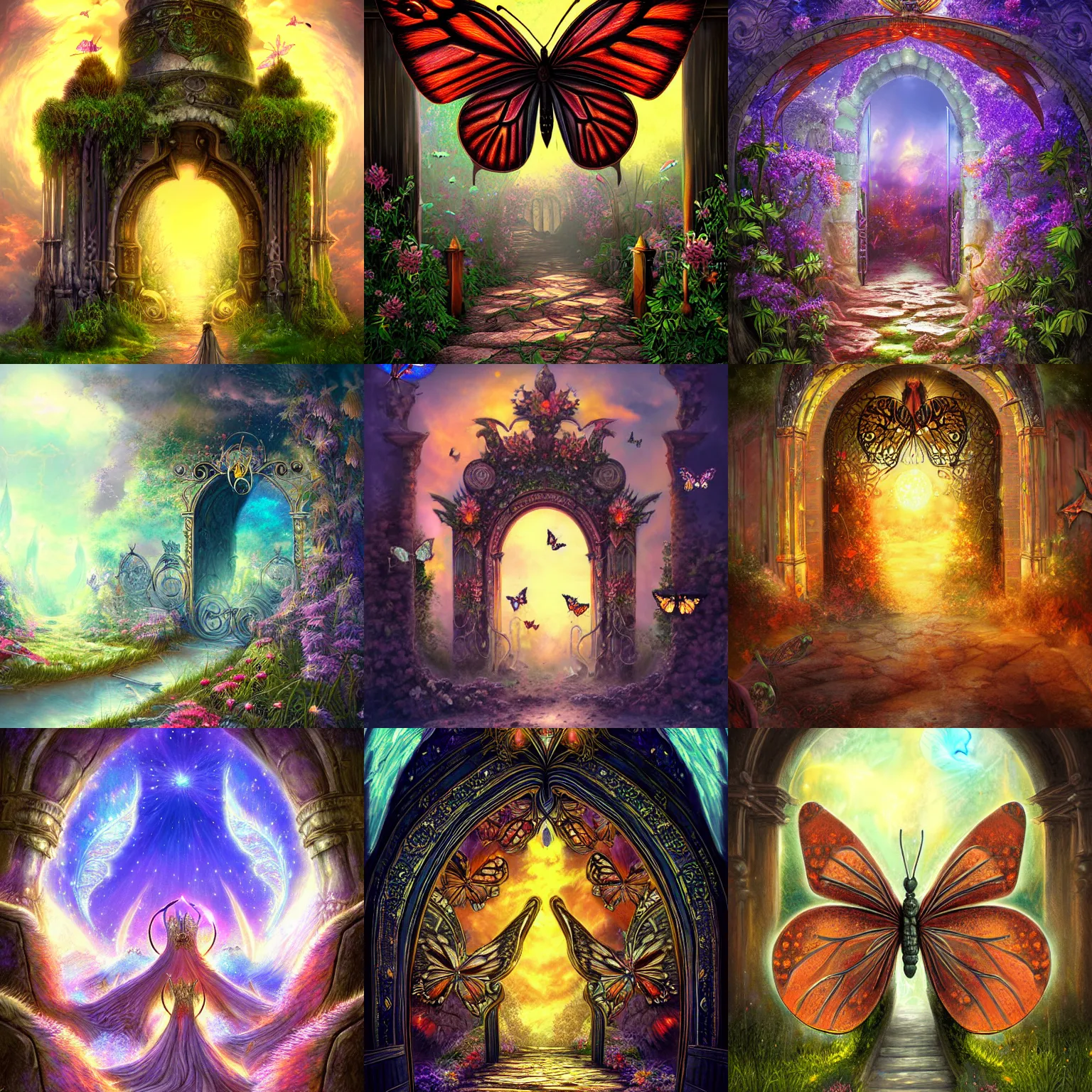 Prompt: The gate to the eternal kingdom of butterflies, fantasy, digital art, HD, detailed.