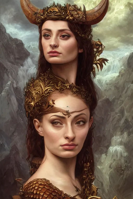 Image similar to A fantasy comic book style portrait painting of, hybrid, Oona Chaplin, Sophie Turner, as an Atlantean, Reptilian Warrior, Mystical Valkyrie, François Boucher, Oil Painting, unreal 5, DAZ, hyperrealistic, octane render, Regal, Refined, Detailed Digital Art, RPG portrait, Michael Cheval, William-Adolphe Bouguereau, Walt Disney (1937), Steampunk, dynamic lighting, Highly Detailed, Cinematic Lighting, Unreal Engine, 8k, HD