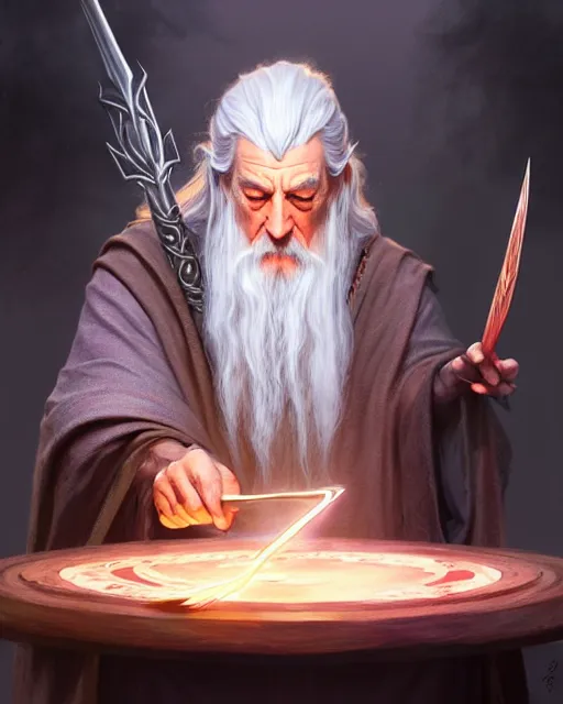 Image similar to Gandalf the grey casting a lightning fork spell, crimson led, glowing, D&D, fantasy, intricate, elegant, highly detailed, digital painting, artstation, concept art, matte, sharp focus, illustration, hearthstone, art by Artgerm and Greg Rutkowski and Alphonse Mucha