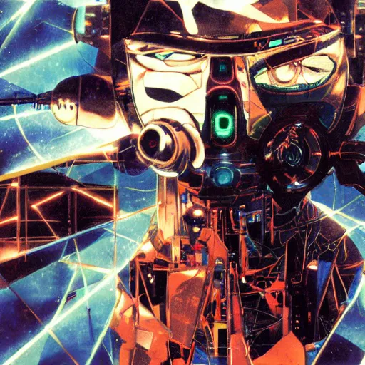 Image similar to the fullmetal neon robot sirius has a kernel without memory nor feelings, lights shaped like eyes on his chest, he believes he is a god, oil on canvas by dave mckean and yoji shinkawa