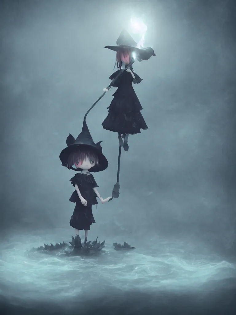 Prompt: cute fumo plush girl witch standing in reflective murky ghastly river water, otherworldly chibi gothic horror wraith maiden, lost in the void, hazy heavy swirling murky volumetric fog and smoke, moonglow, lens flare, rule of thirds vray