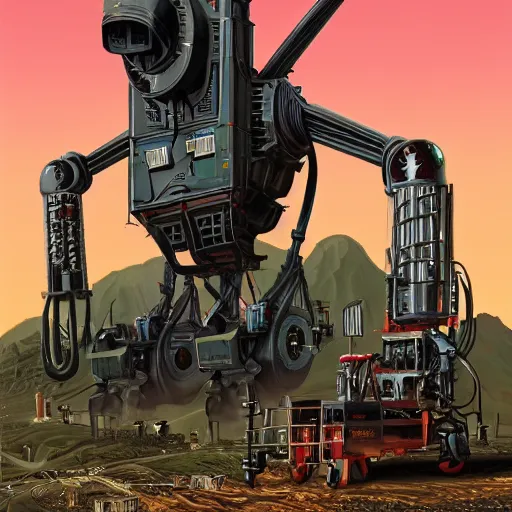 Prompt: giant scary quadrupedal mining machine with drill, four legs, highly detailed body, retro, industrial, in the style of simon stalenhag