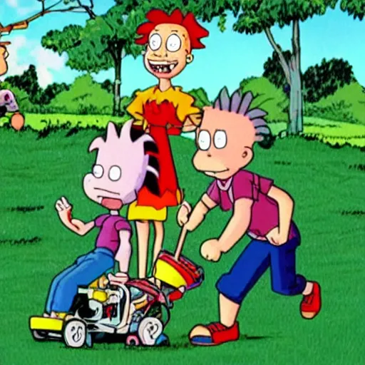 Image similar to rugrats but tommy is a lawnmower