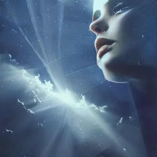 Prompt: sci - fi, close - up, 3 d, moon rays, night, cinematic, sleepy fashion model face, clouds, sun rays, vogue cover style, poster art, blue mood, realistic painting, intricate oil painting, high detail illustration, figurative art, multiple exposure, poster art, 3 d, by tooth wu and wlop and beeple and greg rutkowski