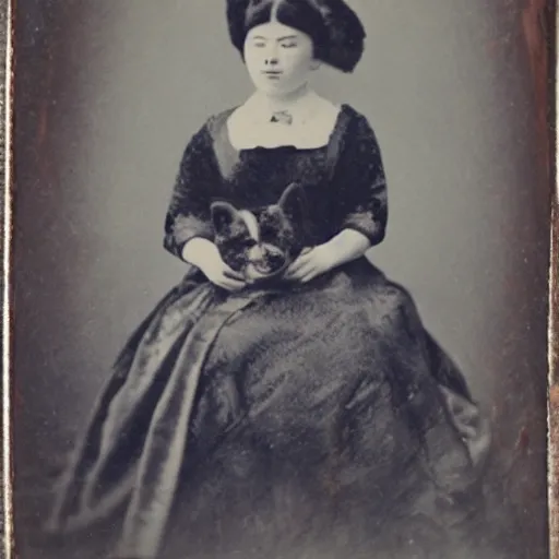 Image similar to daguerreotype photograph of an akita inu in fancy victorian dress