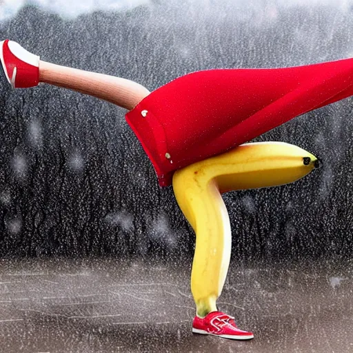 Image similar to banana wearing red shorts dancing in the rain, hyper detailed, photo realistic