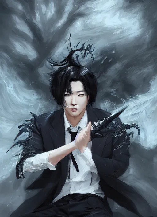 Prompt: a highly detailed illustration of attractive korean man with black hair wearing shirt and tie with giant black mist claws, wielding giat black mist claws pose, tired expression, black mist background, intricate, elegant, highly detailed, centered, digital painting, artstation, concept art, smooth, sharp focus, league of legends concept art, wlop.