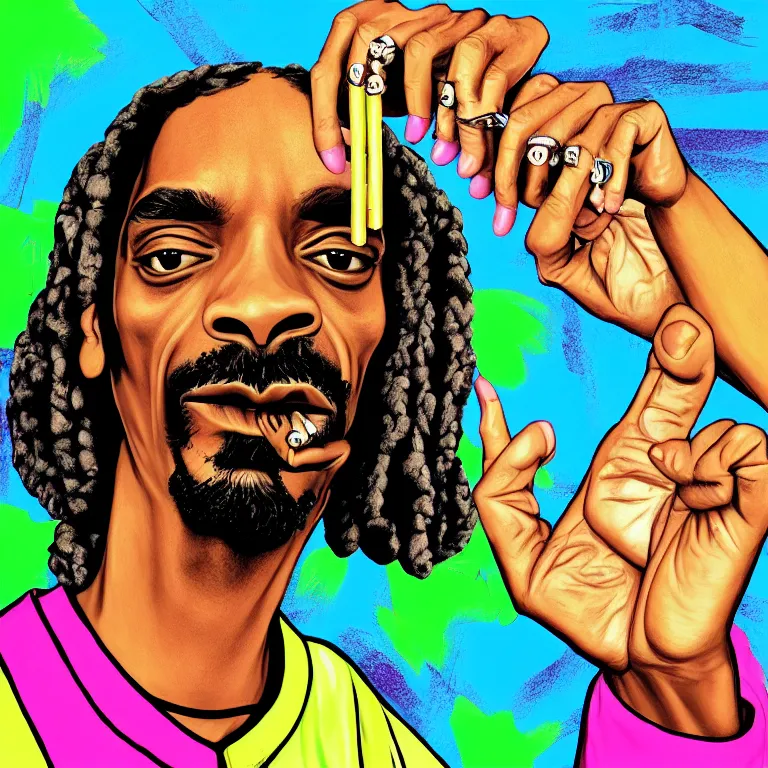 Image similar to snoop dogg smoke someone feet, gta vice city style, smooth painting, each individual seeds have ultra high detailed, 4 k, illustration, comical, acrylic paint style, pencil style, torn cosmo magazine style, pop art style, ultra realistic, underrated, by mike swiderek, jorge lacera, ben lo, tyler west