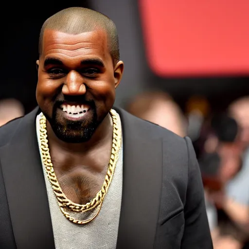 Image similar to kanye west grinning at the camera with his head at an angle and his head being tilted to the right, lots of grain, realistic.