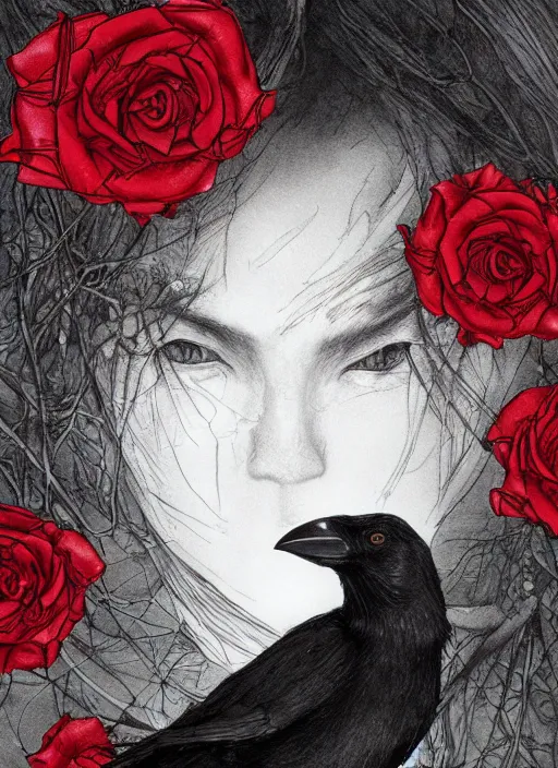 Image similar to portrait, A crow with red eyes in front of the full big moon, book cover, red roses, red white black colors, establishing shot, extremly high detail, foto realistic, cinematic lighting, pen and ink, intricate line drawings, by Yoshitaka Amano, Ruan Jia, Kentaro Miura, Artgerm, post processed, concept art, artstation, matte painting, style by eddie mendoza, raphael lacoste, alex ross