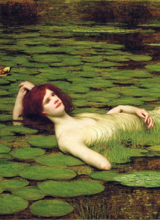 Image similar to lady laying on the river bed amongst the duck weed, underwater shot, submerged, medium shot, on the bed of the river, portrait by john william waterhouse, rosetti, monet, william holman hunt, 8 k