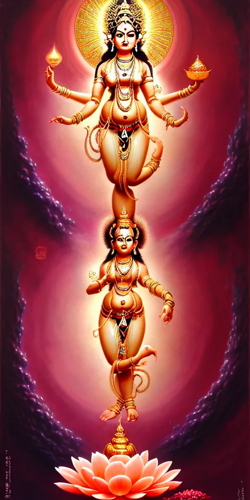 Image similar to beautiful hindu goddess lakshmi fantasy character portrait, four hands, standing on a lotus, single figure composition, full body, chubby, ultra realistic, intricate details, the fifth element artifacts, highly detailed by peter mohrbacher, hajime sorayama, wayne barlowe, boris vallejo, aaron horkey, gaston bussiere, craig mullins