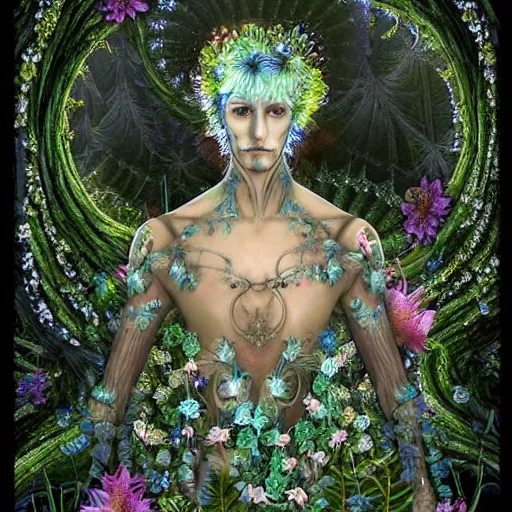 Image similar to an man, stern face, clear eyes, shining armour made of steel and flowers, and fractal flowery hair in a fractal garden, glowing delicate flower and ferns that grow in a dark fatansy forest on the planet pandora,