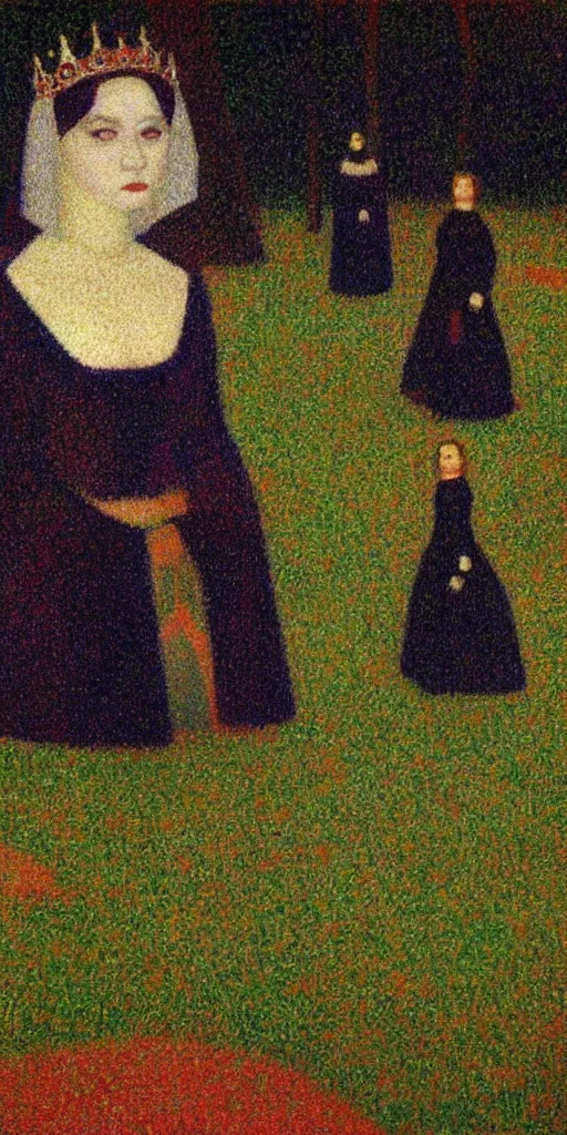 Image similar to a film still of vulvina about a queen in love with the death,, painted by georges seurat, impressionism, pointillism, detailed