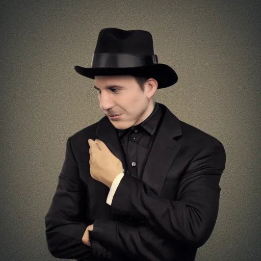 Image similar to a gentleman wearing a black leather hat, cinematic style, front view, cool looking