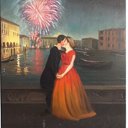 Image similar to an oil painting of couple kissing, in a background fireworks in venice