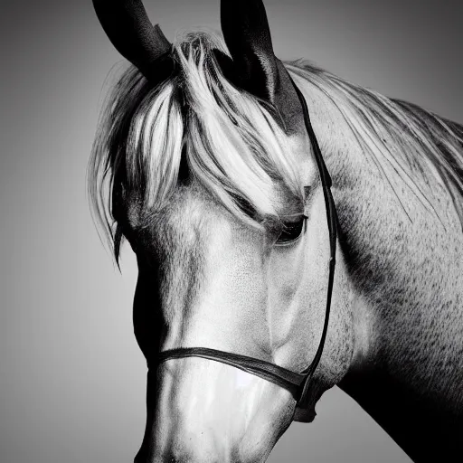 Image similar to beautiful professional black and white portrait photograph of lady gaga as a horse, hyperrealistic, studio lighting, stunning, 4 k