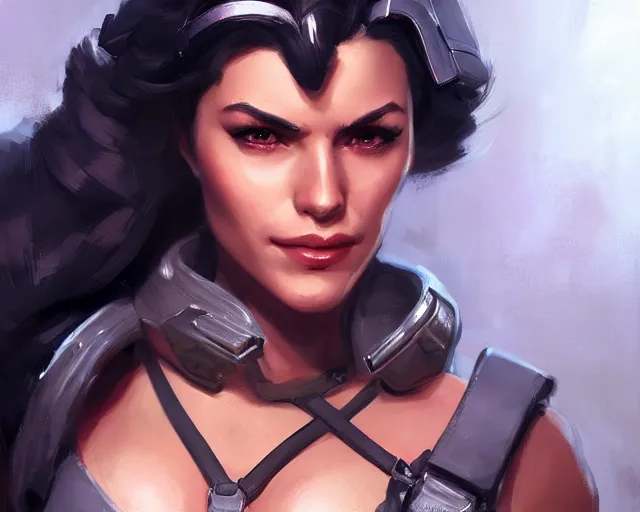 Image similar to portrait of ana amari from overwatch as a beautiful female bodybuilder amazon with plump lips, elegant, fantasy, hd shot, digital portrait, beautiful, artstation, comic style, by artgerm, guy denning, jakub rozalski, magali villeneuve and charlie bowater