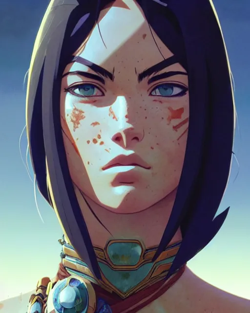 Image similar to azctec warrior, megan fox, detailed perfect face, exquisite details, fire magic, mid view, design on a white background, by studio muti, greg rutkowski makoto shinkai takashi takeuchi studio ghibli