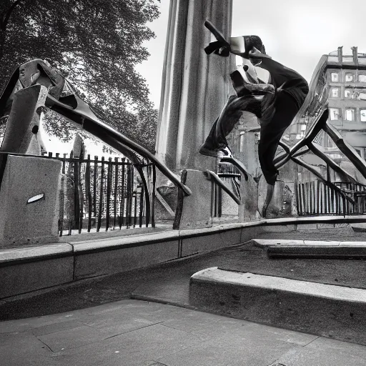 Image similar to parkour ( park ) spomenik snigelparken, ( ( railings ) ), photo, 4 k, detailed drawing